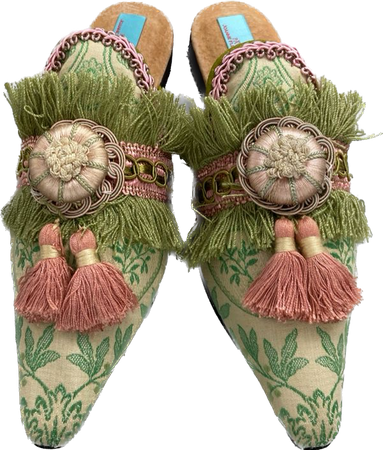 pavillion parade mint green and pink tassel mules