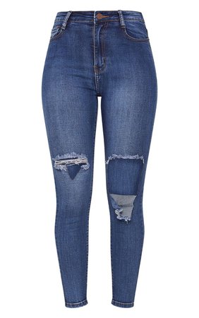 Mid Wash Folded Knee Rip 5 Pocket Skinny Jean | PrettyLittleThing
