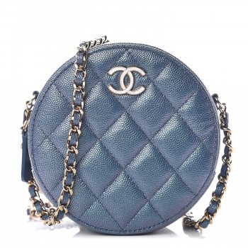 CHANEL Iridescent Caviar Quilted Round Clutch With Chain Blue 389178
