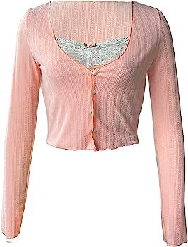 Y2K Women Lace Patchwork V-Neck Knitted Aesthetic Crop Tops Fall Long Sleeve Flim Fit Fairy Grunge Shirt E Girl Streetwear (Pink, S) at Amazon Women’s Clothing store