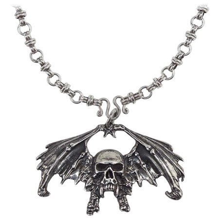 Goth Sterling Silver Necklace, Sterling Silver Link Chain With Winged Skull. For Sale at 1stdibs