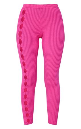 Bright Pink Soft Ribbed Cut Out Side Knit Leggings | PrettyLittleThing AUS