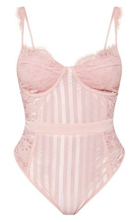 Shape Dusty Pink Lace Mesh Stripe Bodysuit | PrettyLittleThing