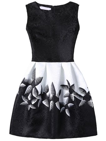 Abstract Flower Print Fit & Flare Dress With Zipper Back - Black