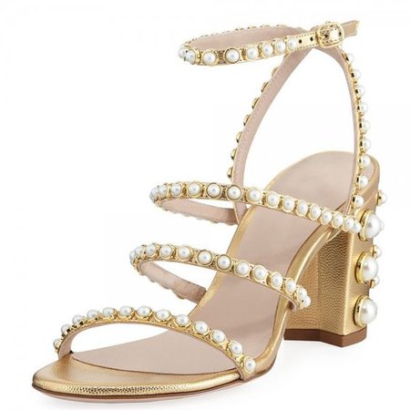Gold Litchi Grain Pearl Gladiator Heels Sandals