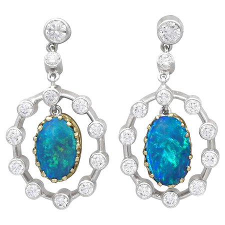 Antique 2.02 Carat Opal and Diamond White Gold Drop Earrings circa 1930 For Sale at 1stDibs