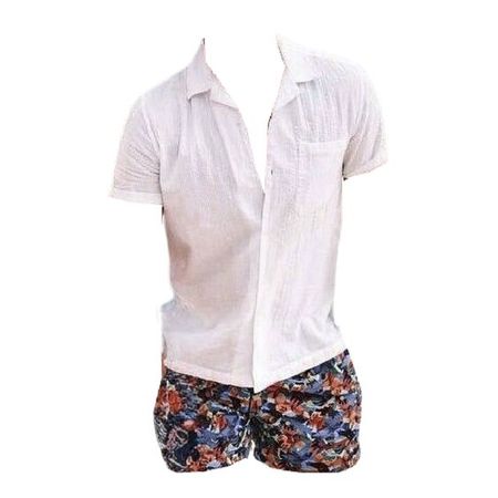 white linen button down shirt patterned swim trunks swimsuit shorts outfit png