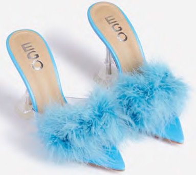 Ego Runway Fluffy Pointed Peep Toe Clear Perspex Pyramid Heel Mule In Blue Faux Leather