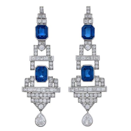 Pair of Art Deco Sapphire and Diamond Ear Pendants For Sale at 1stDibs
