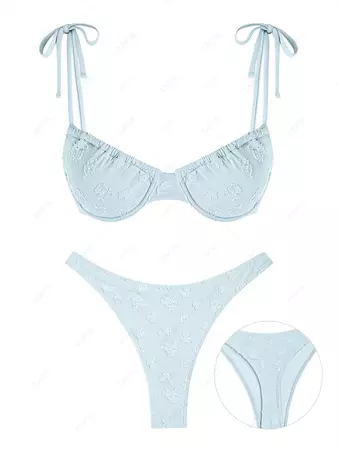 ZAFUL Women's Matching Two Piece Swimwear Jacquard Design Underwire Drawstring Ruched Tie Spaghetti Strap Thong Bikini Set In LIGHT BLUE | ZAFUL 2024