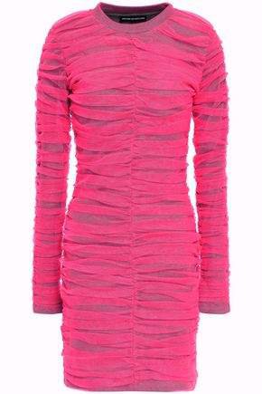 Layered Ruched Neon Tulle And Jersey Mini Dress