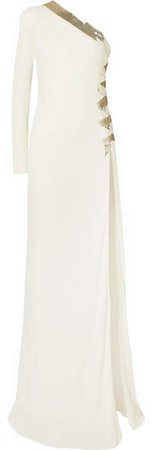 Dundas - One-shoulder Tulle-trimmed Embellished Crepe Gown - White