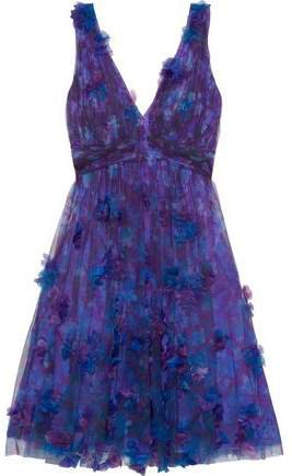 Appliqued Pleated Floral-print Tulle Mini Dress