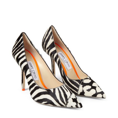 Black and White Animal Print Pony Pointed Pumps with Neon-Orange Trim | LOVE 100 | Spring Summer '20 | JIMMY CHOO