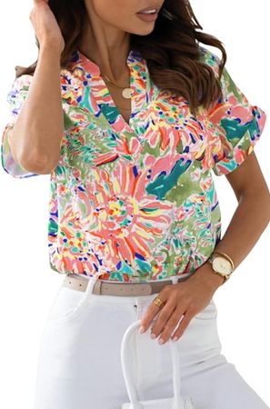 Women's Green Abstract Floral Print Notch V Neck Rolled Short Sleeve Blouse Casual Short Sleeve Tees Tops at Amazon Women’s Clothing store