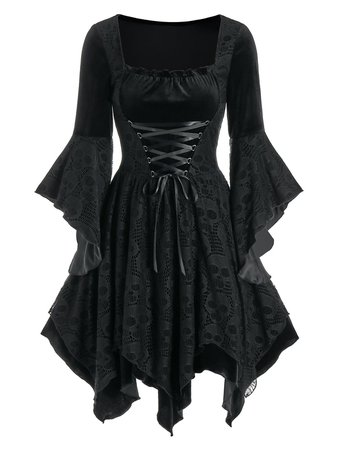 [32% OFF] 2021 Halloween Skull Lace Insert Velvet Handkerchief Dress In BLACK | DressLily