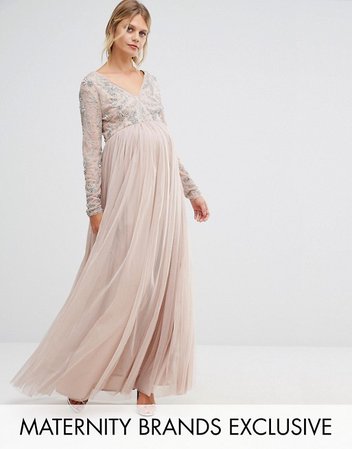 Maya Maternity Long Sleeve Embellished Bodice Maxi Dress With Tulle Skirt | ASOS