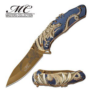 Gold Dragon Design Spring Assisted Opening Folding Knife Blu
