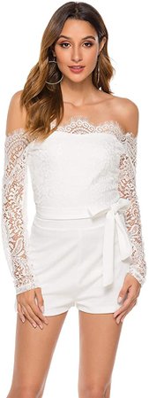 Amazon.com: Women Lace Jumpsuit Off The Shoulder Short Pants Belt Sexy Romper White M: Clothing