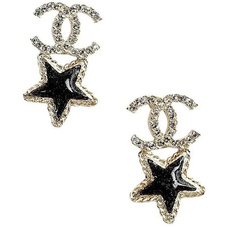 CHANEL Stud Earrings CC with Rhinestones and Glittery Black Resin Star
