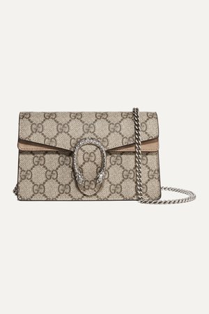 Brown Dionysus super mini printed coated-canvas and suede shoulder bag | Gucci | NET-A-PORTER