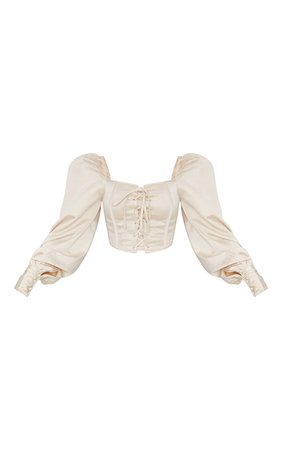Stone light beige top blouse off shoulder Textured Satin Front Structured Corset puff