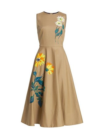 Oscar de la Renta Sleeveless Hand Painted Floral A-Line Midi Dress | SaksFifthAvenue