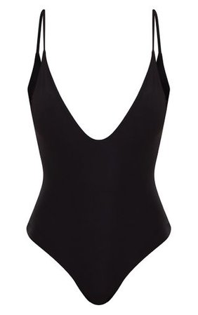Black Slinky Deep Plunge Bodysuit | Tops | PrettyLittleThing