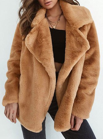 WMNS Open Front Coat - Soft Fleece Faux Fur Large Style Cut Collar and Lapel / Brown