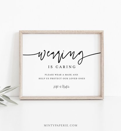 Wearing is Caring Sign Template, Printable Wear a Mask Sign, Social Distance Covid Wedding Sign, Instant Download, Templett, 8x10 #0009-14S