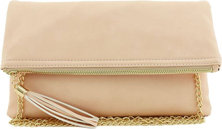 FashionPuzzle Tassel Accent Flapover Clutch Purse with Chain Strap Light Peach One Size: Handbags: Amazon.com