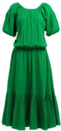 Frida Puffed Sleeve Tiered Cotton Dress - Womens - Green