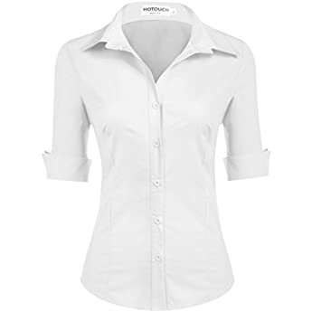 HOTOUCH Womens long Sleeve Cotton Button Down Collared Shirt/White/Small at Amazon Women’s Clothing store