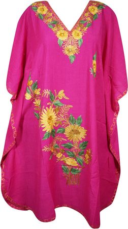 Mogul Interior Womens Pink Caftan Dress, Cotton, Embroidered Oversized Tunic Dresses, L-2X at Amazon Women’s Clothing store