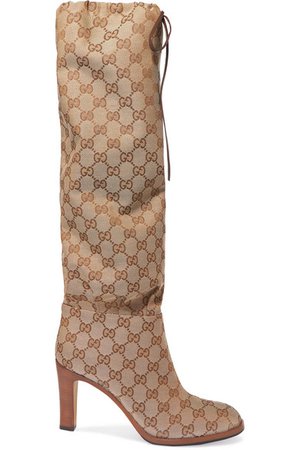Gucci | Leather-trimmed coated-canvas knee boots | NET-A-PORTER.COM