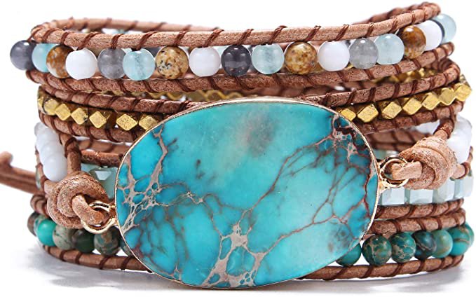 Bonnie Handmade Leather 5 Wraps Bracelet Jasper Beads Multi-Layer Yoga Bracelets Mix Colorful Gemstone Healing Bracelets: Jewelry