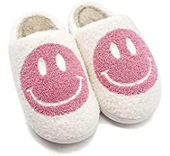 Amazon.com | Comfy Smiley Face Cozy Plush Warm Slide on House Slipper with Memory Foam Home Slip-on Fur Slippers Cushioned Indoor Outdoor Clog Slipper For Women Men Girls Boys,white+pink-9-10Women/7.5-8.5Men | Shoes