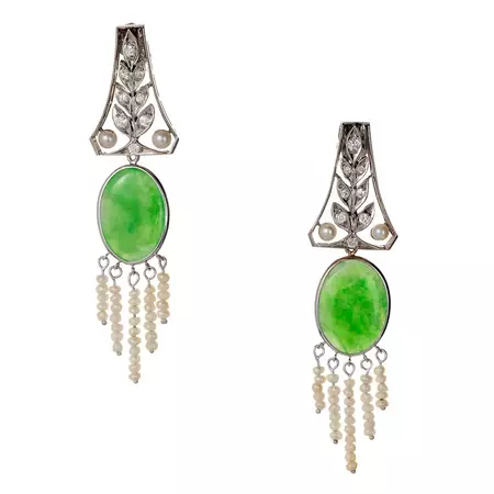 Natural Jadeite Jade Pearl Diamond Art Deco Platinum Dangle Earrings For Sale at 1stDibs
