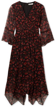 Caden Asymmetric Floral-print Silk-crepon Midi Dress - Black