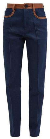 Leather Trim High Rise Jeans - Womens - Navy