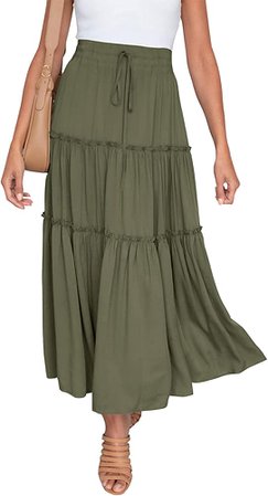 VTSGN Womens High Waisted Midi Maxi Skirt Boho A-Line Ruffle Flowy Long Skirt with Pockets Army Green Small at Amazon Women’s Clothing store