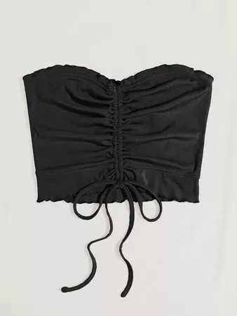 Rib-Knit Drawstring Front Crop Tube Top | SHEIN USA black