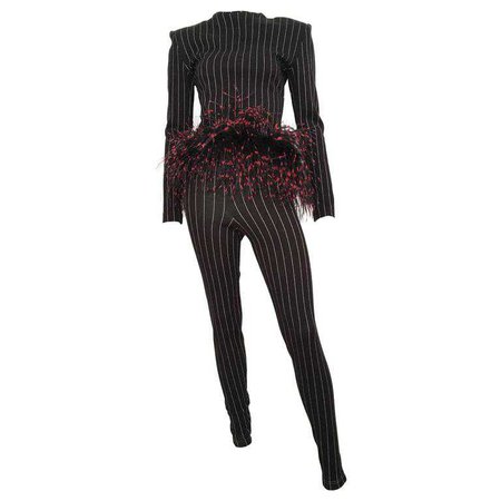 Patrick Kelly Paris Feather Trim Jacket and Pants, 1987 For Sale at 1stdibs
