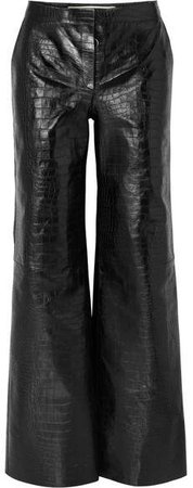 Croc-effect Leather Wide-leg Pants - Black