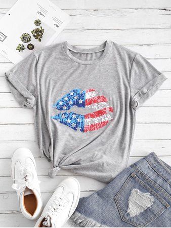 [37% OFF] [POPULAR] 2020 Marled Distressed American Flag Lip Graphic Tee In GRAY | ZAFUL