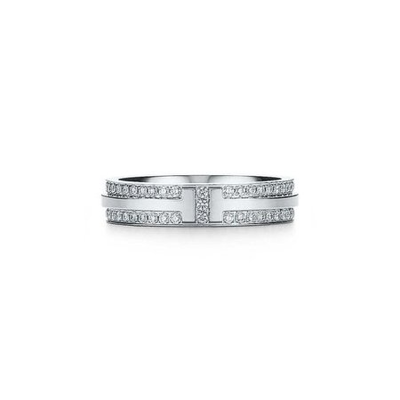 Tiffany T Two narrow ring in 18k white gold with pavé diamonds. | Tiffany & Co.