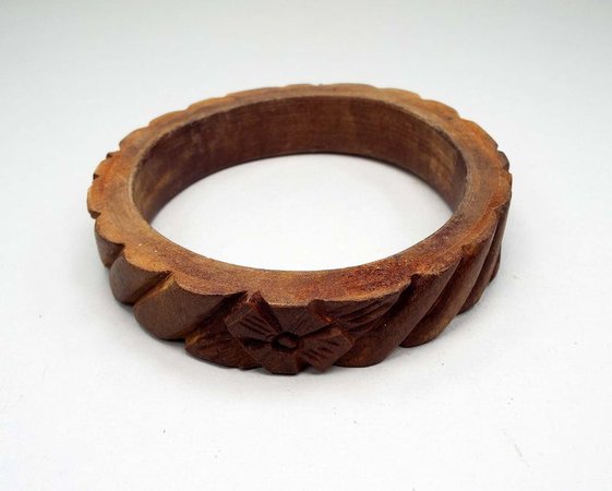 Wood Vintage Bangle Bracelet Brown Carved Floral Design | Etsy