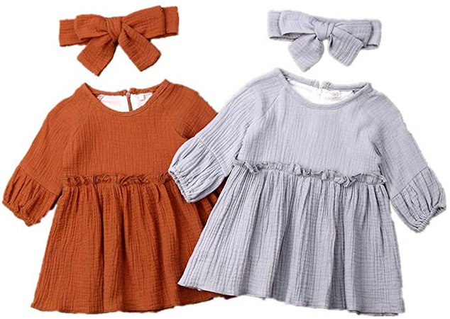 Amazon.com: Dcohmch 2Pcs Toddler Baby Girl Long Sleeve Dress Cotton Linen Solid Color Casual Dress Clothes Outfit with Headband 1-4Y (Grey, 18-24M): Clothing