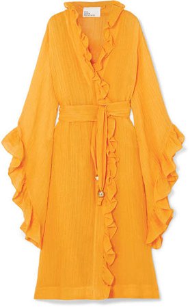 Anita Ruffled Linen-blend Gauze Wrap Dress - Orange