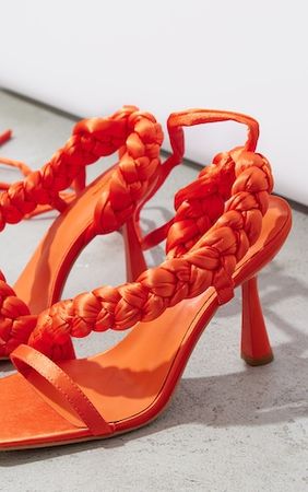 Orange Satin Plaited Lace Up Mid Heeled Sandals | PrettyLittleThing USA